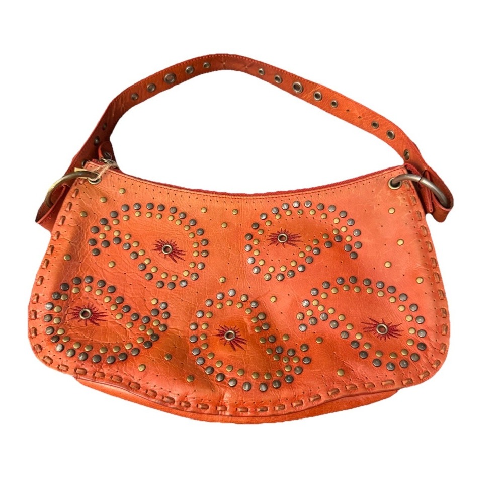 Vtg NORDSTROM Rust studded with zipper handbag Purse Leather Boho Paisley Bag
